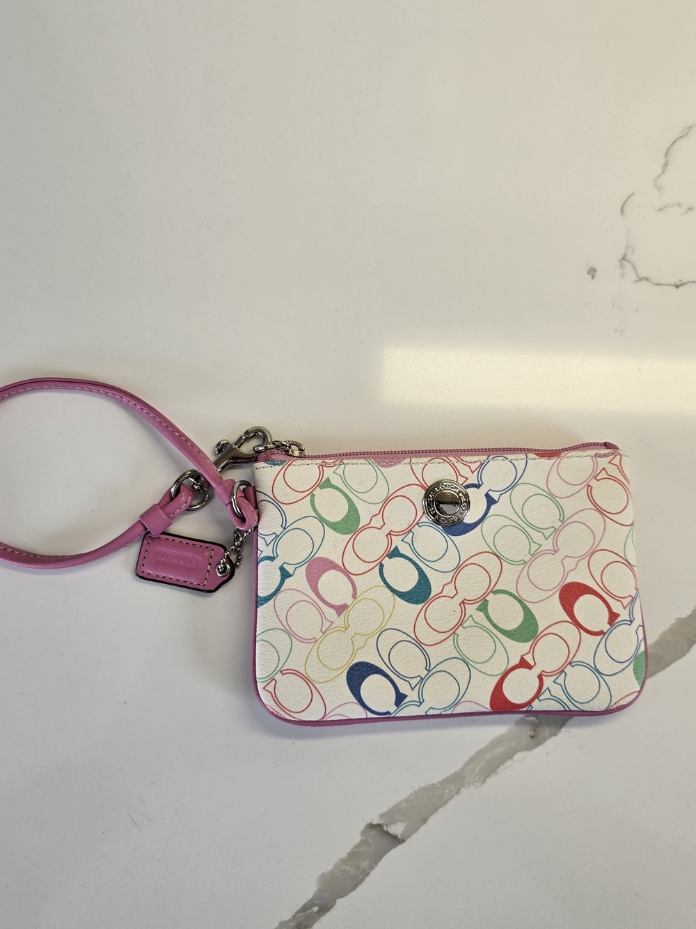 Coach Multicolor Signature C Wristlet with Pink Trim